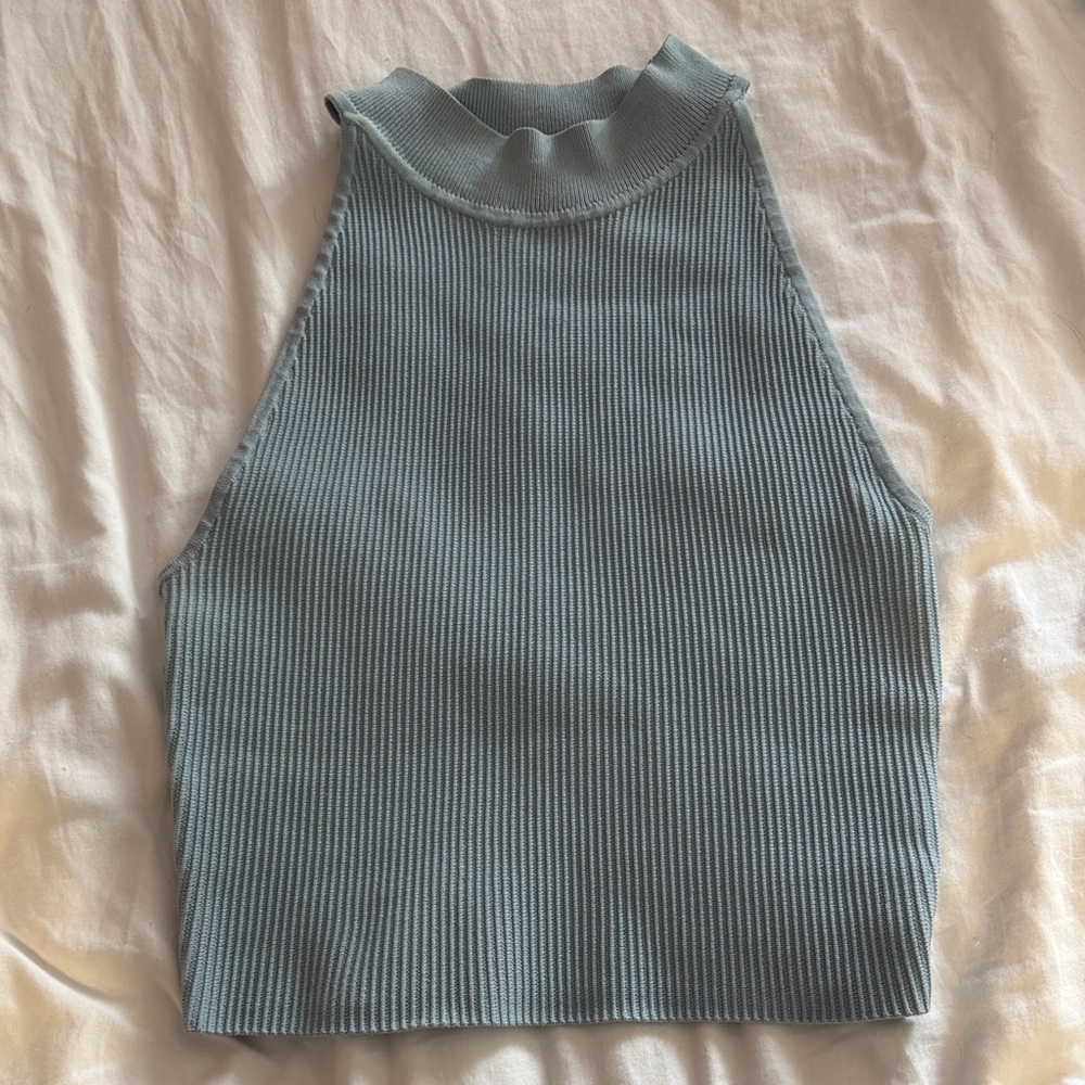 Aritzia Babaton Sculpt Knit Ribbed Mock Neck Sleeveless Top - Light Blue